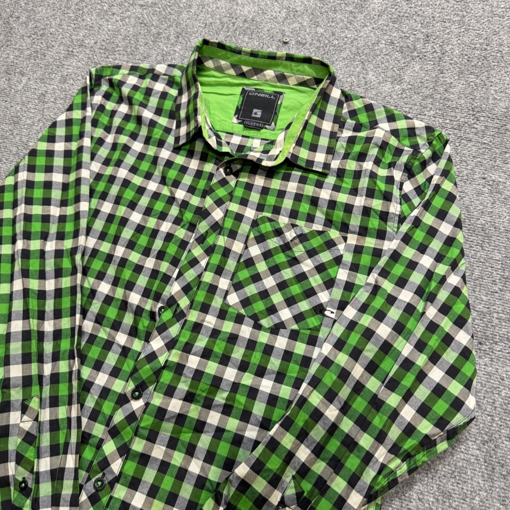 VTG Oneil Plaid Button Up Shirt Mens XL Long/sleeve Green Black Striped Y2K